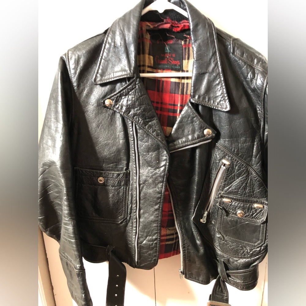 VINTAGE Simpson Sears Men Sm Blk Leather Jacket w/Harley Davidson Eagle patch